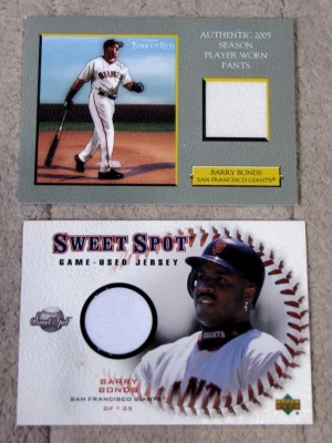 (2) Barry Bonds Pants & Jersey Relics 2005 Topps & 2001 Sweet Spot front